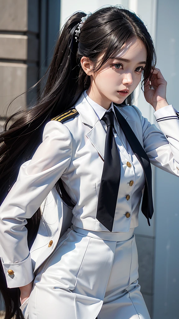 a portrait photo, Beau visage, All blanc outfit, uniforme militaire, Insigne de grade militaire, femme d&#39;affaires, Belle femme, Portez un costume et une cravate, tailleur jupe courte, businesle costumeblanc, กระโปรงดินสอสั้นblanc, businesle costumeรัดรูป, All blanc outfit, Mettre en valeur les courbes du corps, (Belle fille aux cheveux longs de deux mètres, Mes cheveux sont très longs., Cheveux extra longs, cheveux noirs), businesle costume, (Costume de style italien, Costume à deux boutons), (Costume italien, blanc สูท, Ensemble de deux boutons), (porter une femme&#39;le costume, Costume de femme d&#39;affaires, blanc), (สูทผู้หญิงblanc), (เสื้อเชิ้ตblanc), cravate, (cravateสั้นสีดำ, cravateสีดำ, cravateผอม, ถักcravate), (Insigne de grade militaire), (Jupe crayon courteblanc), (Publications dynamiques), tout le corps, (Une gigantesque faille), (Gros seins, Corps mince, petite taille, Hanches relevées, petites cuisses, Longues jambes), talons hautsสีดำ, (Jupe crayon courte, blanc), Wearing a suit for a femme d&#39;affaires, (Wearing a blanc businesสูท, businesle costumeหญิงblanc), (serré, insignes militaires, เสื้อblanc, กระโปรงblanc), Longues jambes, (Chaussures noires), (Costume ajusté, เสื้อสูทblancทรงธรรมดารัดรูป), (Chaussures noires, talons hauts), (rester, marcher, geste élégant, Publications dynamiques), robe courte, boucle d&#39;oreille, Jambes lisses, Chaussures noires, la modélisation,