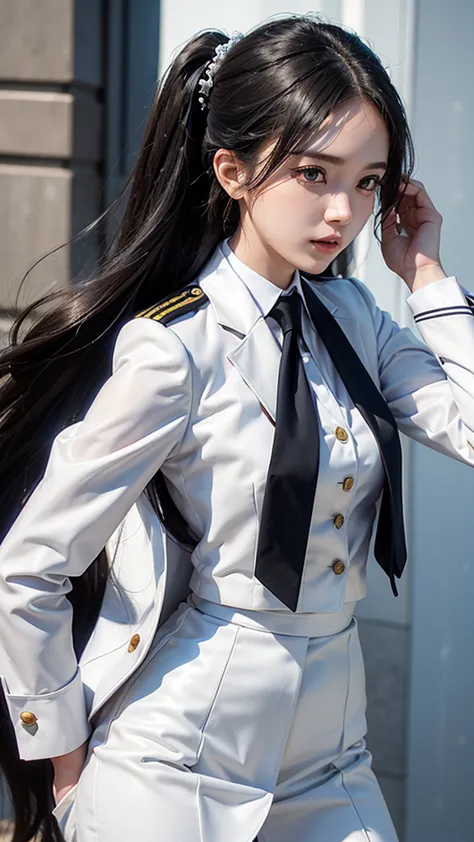 a portrait photo, beautiful face, All white outfit, military uniform, military rank insignia, business woman, beautiful woman, W...