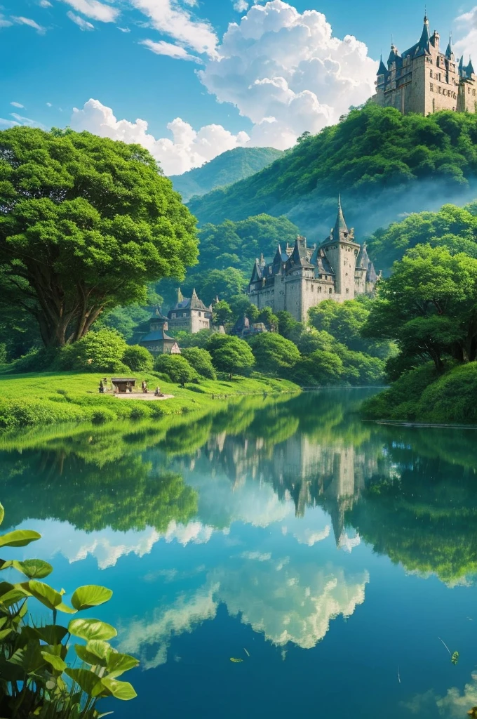 Une scène qui rappelle un film du Studio Ghibli, mettant en scène un château flottant dans le ciel similaire à Laputa de "Chateau dans LE ciel." Le paysage est magique et éthéré, avec une végétation luxuriante, nuages majestueux, et un sentiment d'émerveillement et d'aventure.
