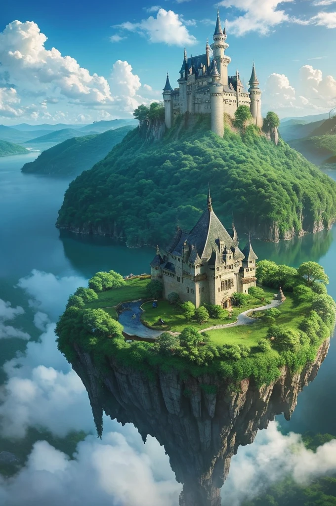 Une scène qui rappelle un film du Studio Ghibli, mettant en scène un château flottant dans le ciel similaire à Laputa de "Chateau dans LE ciel." Le paysage est magique et éthéré, avec une végétation luxuriante, nuages majestueux, et un sentiment d'émerveillement et d'aventure.
