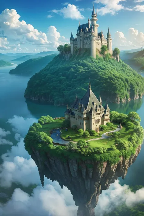 A scene reminiscent of a Studio Ghibli film, featuring a floating castle in the sky similar to Laputa from "Castle in the Sky." ...
