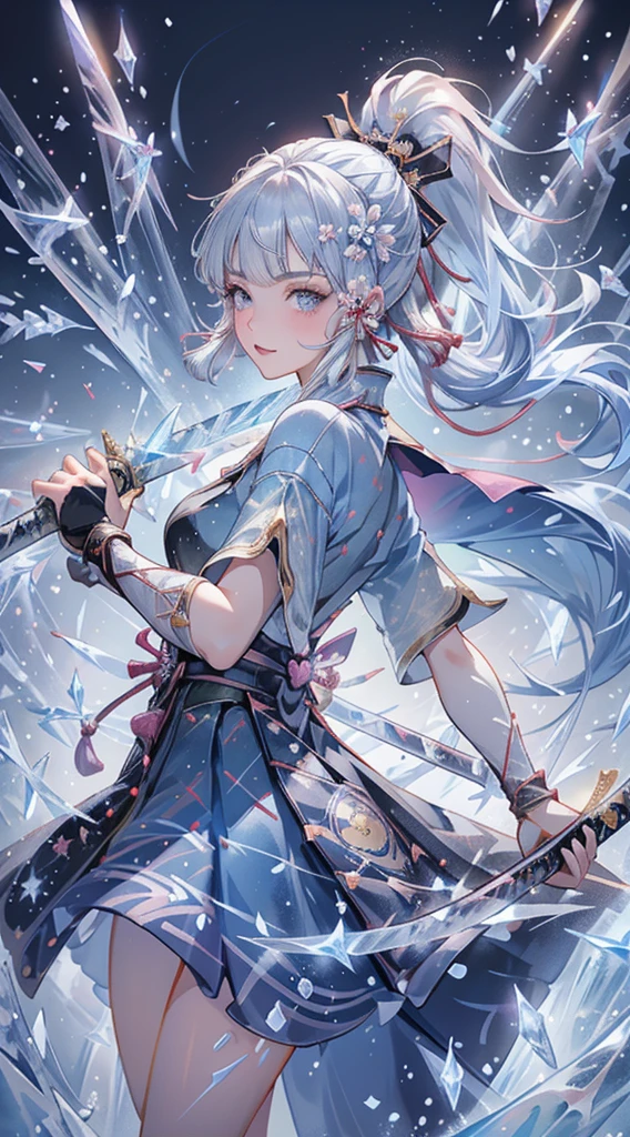 kamisatoayakadef,1 Anime Girl, warrior, Realistic people,Realistic, beautiful, smile, elegant, Majestic, Splash Art, Particles of light, Diamond Blade, (Cold Energy, Cold Air Blast, cold water: 1.4) Dynamic pose, ((JapaneseKatana,Hold the sword))((Holding a sword)),Milky Way, (fractal art:1.1), (colorful:1.1),(Ice Flower:1.4), (Spiral Splash), Most detailed,(Tangled:1.1),(Abstract background:1.1), (Shiny skin), (Many colors:1.4), Ultra-high resolution, retina, masterpiece, Accurate, Anatomically correct, texture.(background:ice-flurry, snow,ice-shard, ice, crystal)
