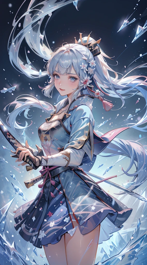 kamisatoayakadef,1 Anime Girl, warrior, Realistic people,Realistic, beautiful, smile, elegant, Majestic, Splash Art, Particles of light, Diamond Blade, (Cold Energy, Cold Air Blast, cold water: 1.4) Dynamic pose, ((JapaneseKatana,Hold the sword))((Holding a sword)),Milky Way, (fractal art:1.1), (colorful:1.1),(Ice Flower:1.4), (Spiral Splash), Most detailed,(Tangled:1.1),(Abstract background:1.1), (Shiny skin), (Many colors:1.4), Ultra-high resolution, retina, masterpiece, Accurate, Anatomically correct, texture.(background:ice-flurry, snow,ice-shard, ice, crystal)
