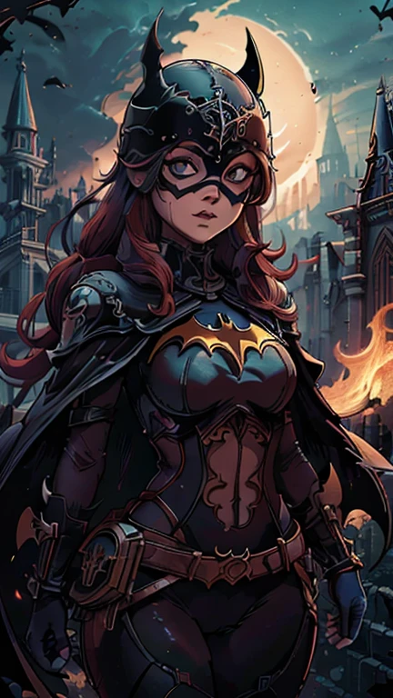 (Dominican: Caribbean:1girl: batgirl), (extremely detailed CG unit 8k wallpaper),(master part), (best quality), (ultra detali), (best illustration),(melhor ombre), cowboy shot, (Sharp eyeliner, ombre, detailedeyes:1), Gothic Castle background, ,break, long hair ,red hair, Cameltoe,gothichorrorai, mask, domino mask, helmet, cape