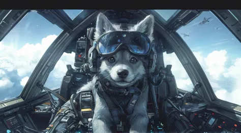 a pomsky puppy pilot, flying a fighter jet, cute, cool, cockpit view, 8k, highly detailed, photorealistic, vibrant colors, dramatic lighting, cinematic, dynamic pose, intricate machinery, sleek aircraft, high-tech controls, motion blur, lens flare