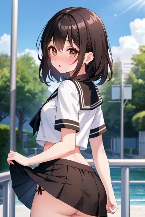 Black Skirt, Short sleeve, Black sailor collar, ((Highest quality, High resolution, Pixel perfect, 8k)), 1 girl, single, alone, Cute Woman、I could see the whole body、((Brown eyes, Beautiful eyelashes, current eyes)), ((Detailed face, blush:1.2)), ((Smooth texture:0.75)), ((Anime CG style)), Mid-chest, ((Dynamic Angle:1.3)), Perfect body, In the summer park, Back view, turn around, ((Showing panties:0.9)), Skirt Lift