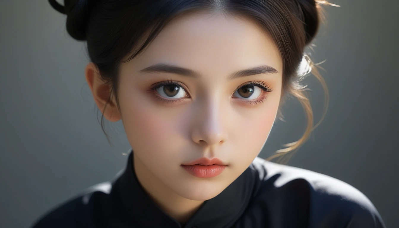 8K, 超high resolution, best quality, masterpiece, Surrealism, photo, 1 girl, (16 years old:1.3), Lovely女の子, LovelyFace, Beautiful eyes in every detail, Black silk dress、Intellectuals,(Gaziantep:1.5), closure, masterpiece, best quality, 生photo, Practical, Face, Unbelievably ridiculous, beautiful girl, Lovely, Hair Bun, Writing border depth, high resolution, 超detailed, Finely, 非常にdetailedな, 非常にdetailedな eyes and Face, Sharp pupils, Practical students, Clear focus, light、Writing border depth、Vivid details、detailed、Surrealism、Light and Shadow,glare,Fashion magazine cover,Thin lips