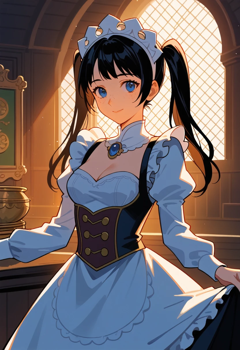 score_9, score_8_up, score_7_up, source_anime, best quality, high resolution, masterpiece, absurdres,vector trace,anime screencap, key art style, cinematic lighting, morning, 1girl, solo, standing, (upper body, close-up), medieval, dark background, ballroom,
maid, happy, french maid outfit, cleavage, freckles, twin-tails, teenager, medium breasts, eccentric, black hair, blue eyes, :D, hand against skirt