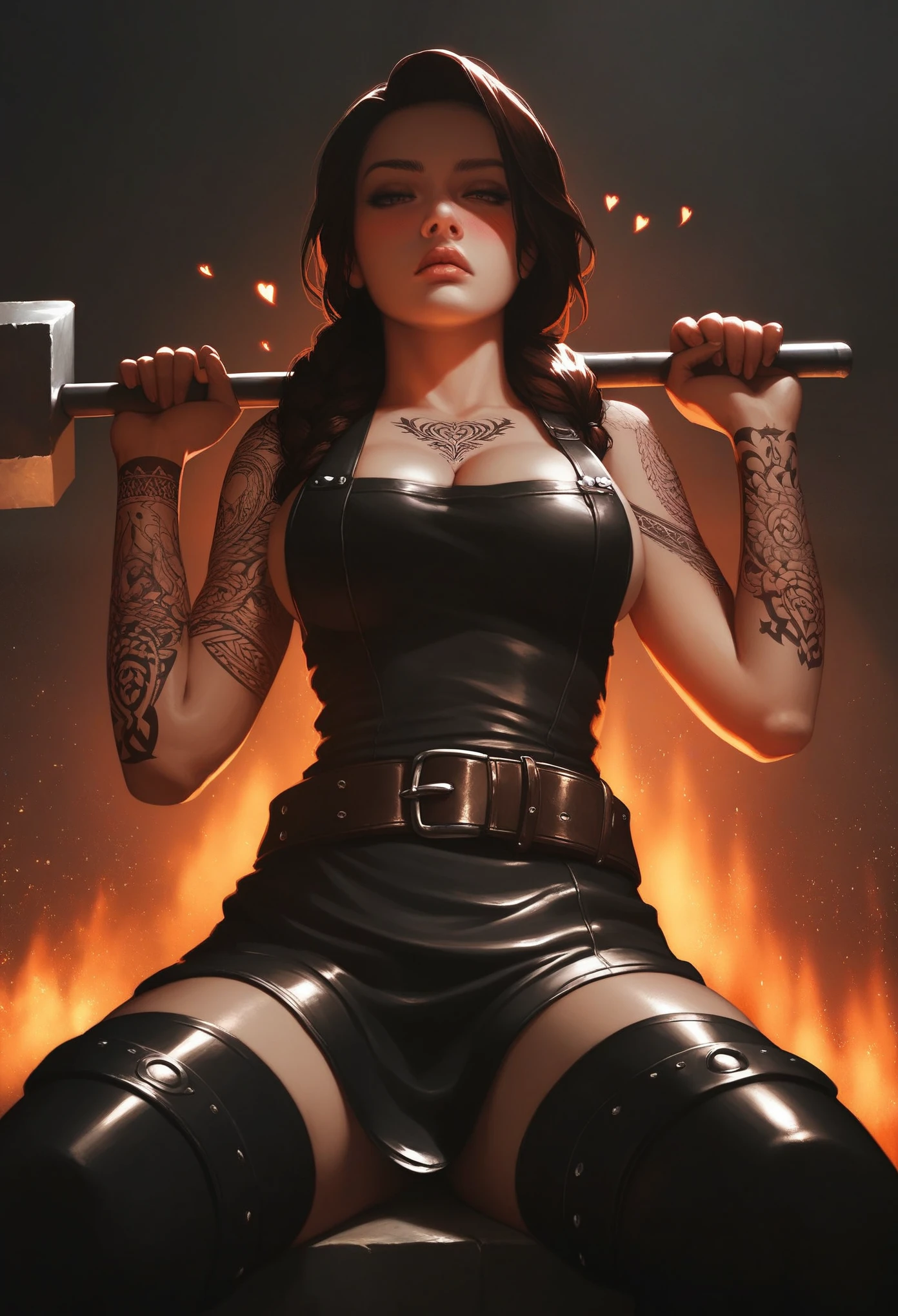 score_9, score_8_up, score_7_up, score_6_up, score_5_up, score_4_up, godrays, dynamic angle, realistic, 1girl, (solo:1.1), woman, blacksmith, black hearts, brown hair, long hair, tied hair, cleavage, blush, leather apron, focused, hammer and anvil, tool belt, thighhighs, sitting on anvil, forge fire in the background, fire sparkles, tattoos, from below, moody lighting, dim lighting, medieval fantasy