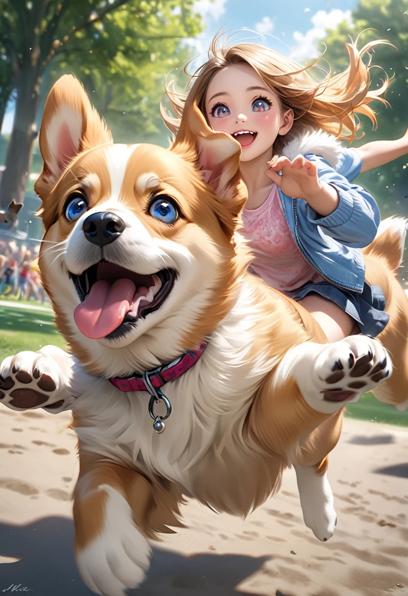 Puppy and cute girl, cute Welsh Corgi puppy, puppy dynamically flying high towards the girl at the dog park, beautiful and stunning flight form, fun and happy expression, bright eyes, sparkling pupils, detailed face, detailed eyes, detailed lips, highly detailed, photorealistic, 8K, masterpiece, ultra-realistic, photorealistic:1.37, HDR, UHD, highres, beautiful fur textures, playful expressions, vibrant colors, natural light, depth of field, action shots, Composition emphasizing the flying puppy