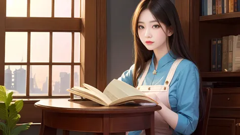 first-class quality，8k resolution，masterpiece，fresh，half body shot，chinese little girl bows her head to read a book，sitting at t...