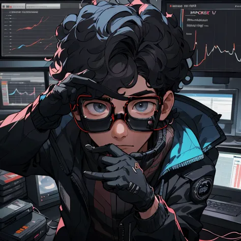 Kpop Boys,He is in his late 30s,In the computer room,Black leather gloves,Face masks,Looking at trade charts,Wearing a cool suit jacket,Wearing a headset,Black messy curly hair、Background shows multiple trading monitors,far and near method, 3D Rendering, He is explaining the trade.,Glasses