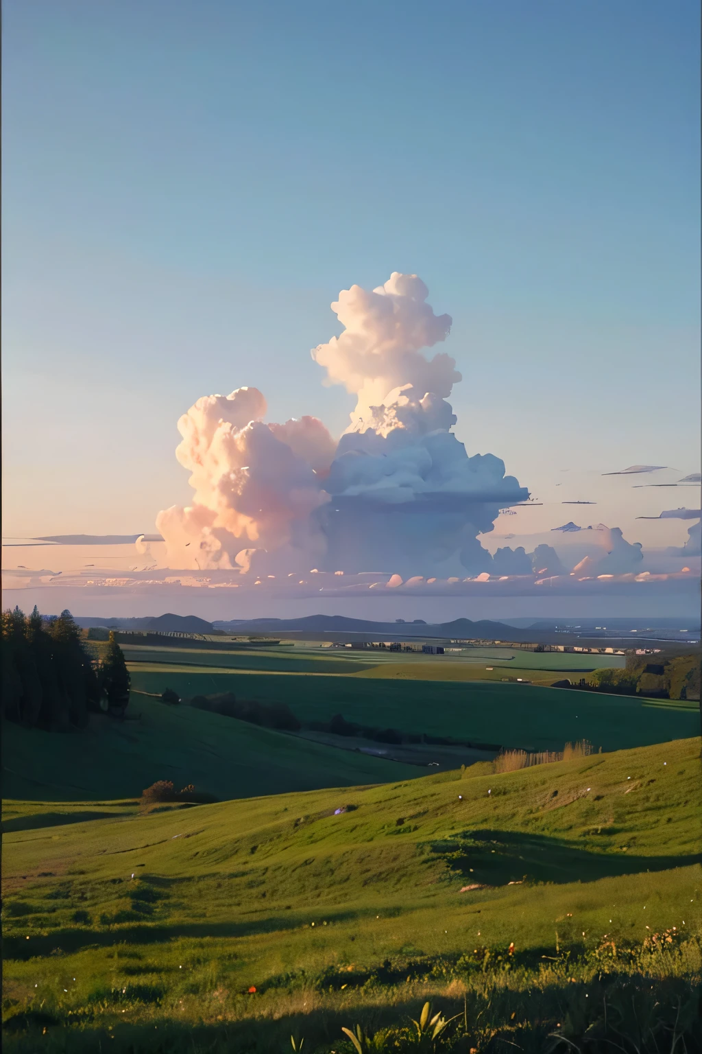 A sky of sparse clouds and afterglow like Monet&#39;s、Grassland and an old-fashioned building in the distance　Half-naked blushing princess