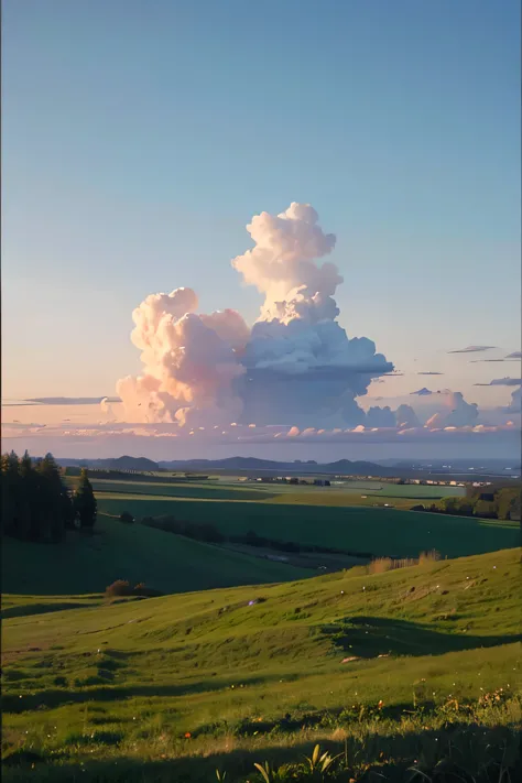 A sky of sparse clouds and afterglow like Monet&#39;s、Grassland and an old-fashioned building in the distance　Half-naked blushing princess