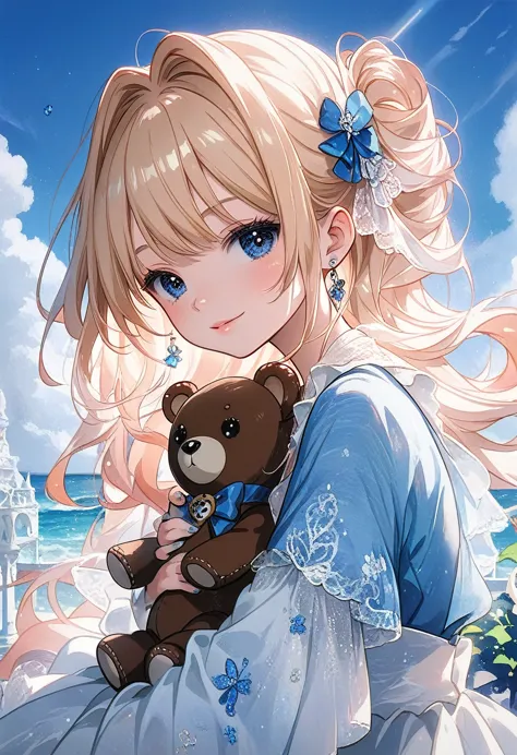 ((antique:1.5)),((hugging a teddy bear)),(Teddy bear),Beautiful and cute woman,1 Female,Solo,Sharp features,Sophisticated,((Wate...