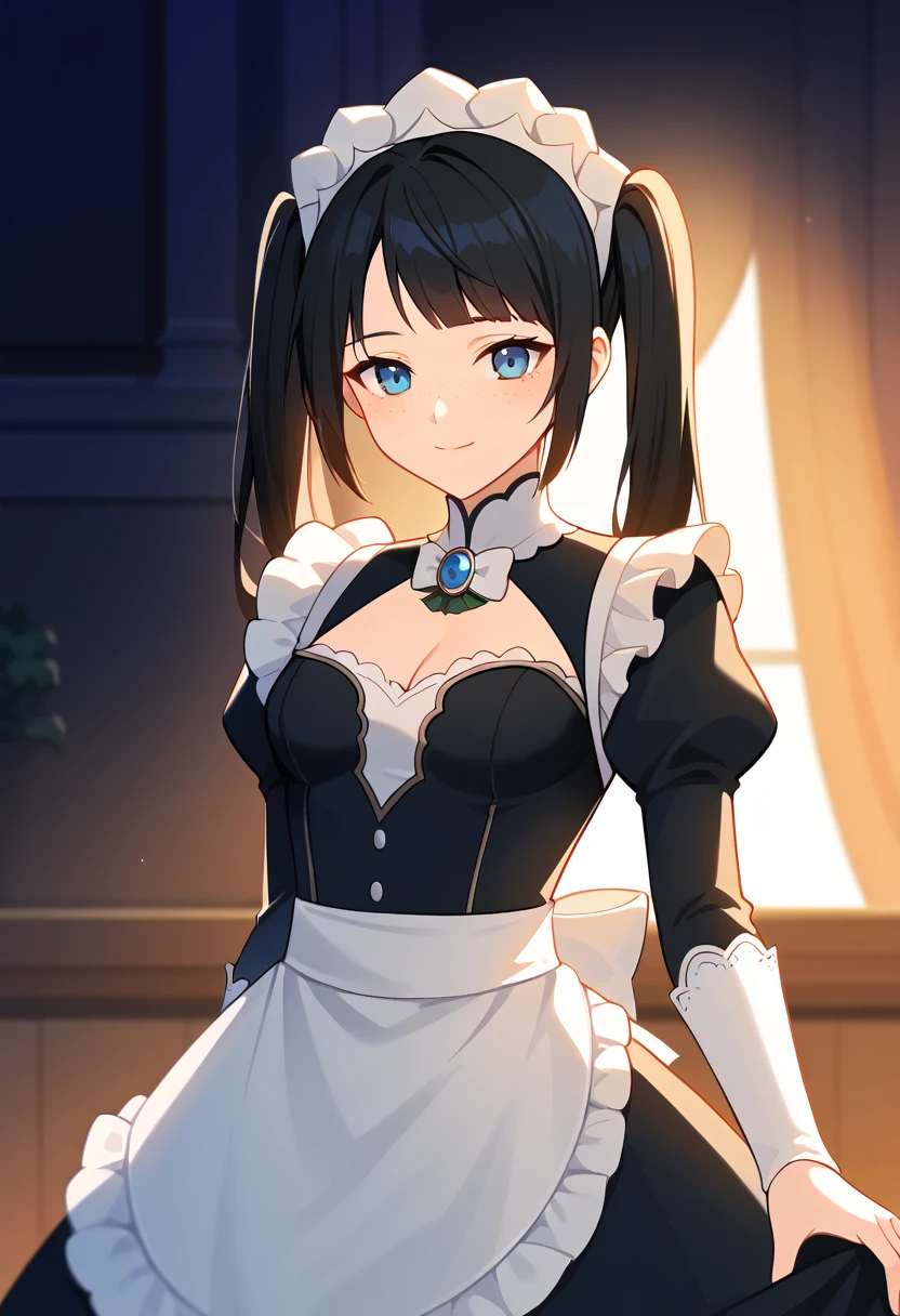 score_9, score_8_up, score_7_up, source_anime, best quality, high resolution, masterpiece, absurdres,vector trace,anime screencap, key art style, cinematic lighting, morning, 1girl, solo, standing, (upper body, close-up), medieval, dark background, ballroom, maid, happy, french maid outfit, cleavage, freckles, twin-tails, teenager, medium breasts, eccentric, black hair, blue eyes, :D, hand against skirt