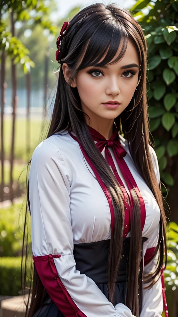 best quality, (photorealistic:1.2), 1girl, solo, detailed face, face focus, standing, black hair,(hair ornament:1.35),office lady, ribbon-trimmed sleeves, detached sleeves, ribbon trim, wide sleeves, (looking at viewer:1.5) long hair, black eyes, bangs, lips,