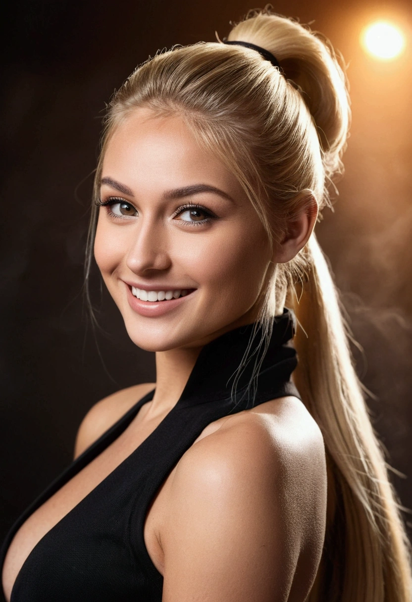 Spectacular beautiful girl. She is blonde with long blonde hair tied in a  high p - SeaArt AI