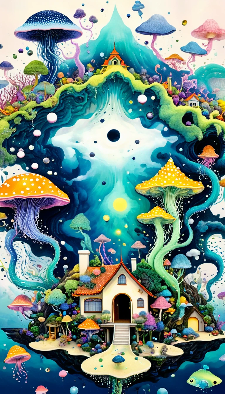 Strong visual fusion of multiple elements，Broto，来自Star的艺术家，Dopamine color scheme，house、Eye、pearl珠帘、pearl、Star、cloud、fish、Spore powder、Ocean、rain、Tentacles，Describing the inner world of autistic people，密集Pointillism method。Smooth lines。interesting，Strange illustration。Pointillism method。Strong contrast。Award-winning works。