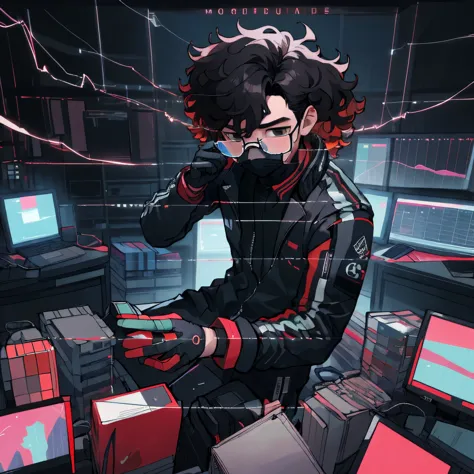 Kpop Boys,He is in his late 30s,In the computer room,Black leather gloves,Face masks,Looking at trade charts,Wearing a cool suit jacket,Wearing a headset,Black messy curly hair、Background shows multiple trading monitors,far and near method, 3D Rendering, He is explaining the trade.,Glasses