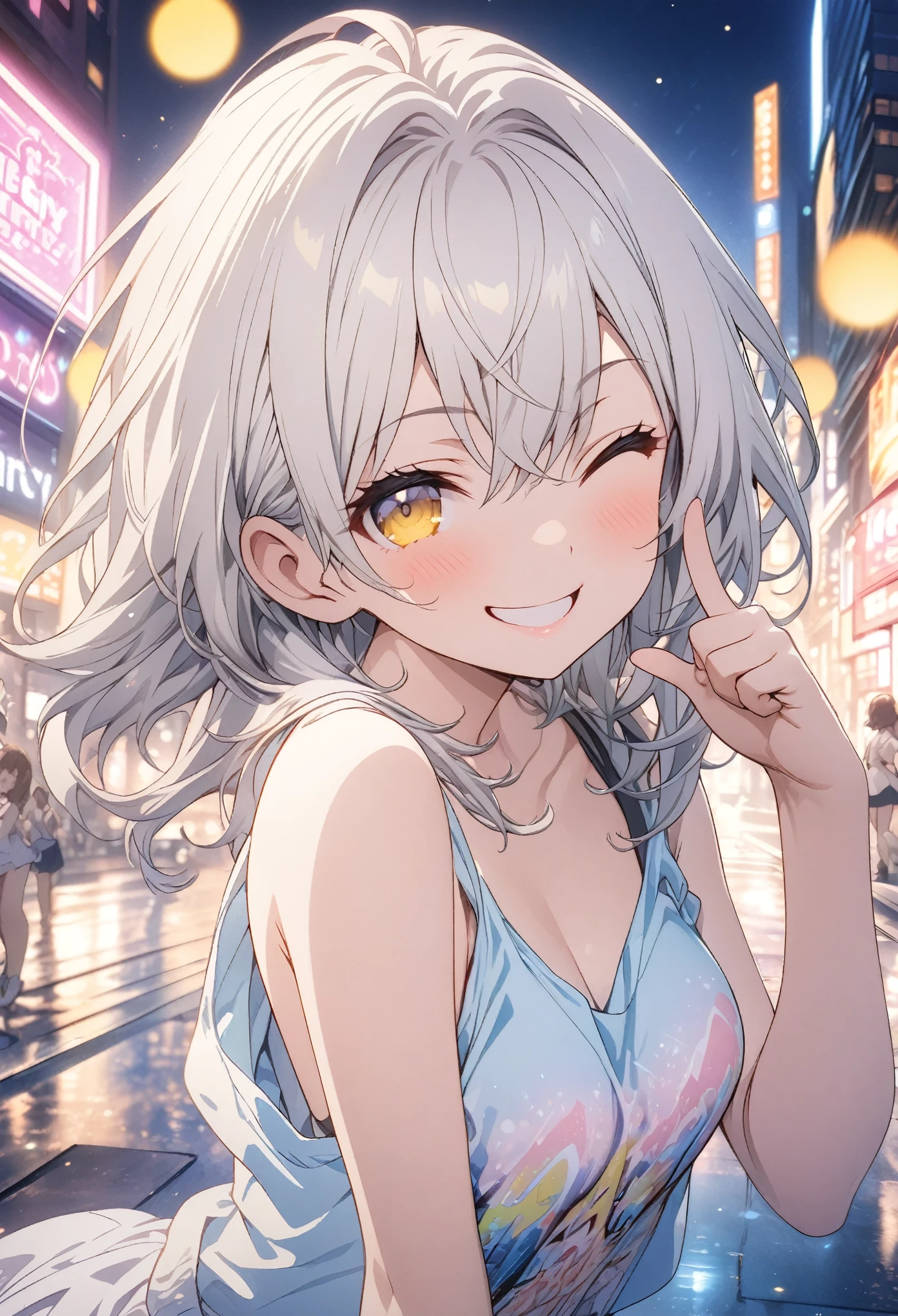 masterpiece, Highest quality, Highly detailed CG Unity 8k wallpaper, chibi, High School Girl Anime Illustration. Wear an oversized tank top、Doing the finger guns pose、she has her eyes closed and mouth open, smile. The background is a light pastel colored landscape., White hair color, Yellow Eyes, night, Neon light city、Bokeh