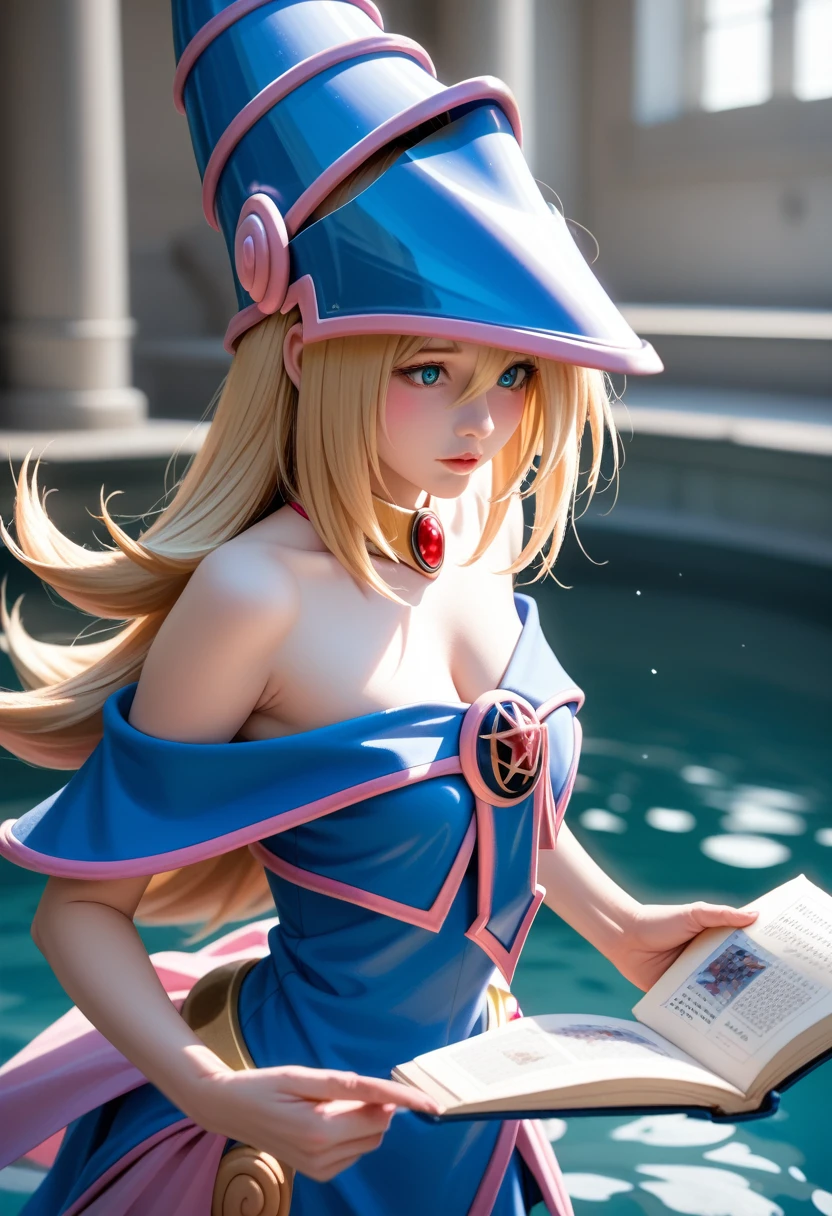 dark magician girl, masterpiece, best quality, (1 Girl), Solitary, (water), Long hair, Blonde Hair, Blue headdress, Wizard Hat, Spellcasting, castle, castle:2, Motion Blur, Book, magic, (moonlight:1.2), Chromatic Aberration, Depth of Field, Soft lighting, The face is rich in detail, Very detailed eyes, 