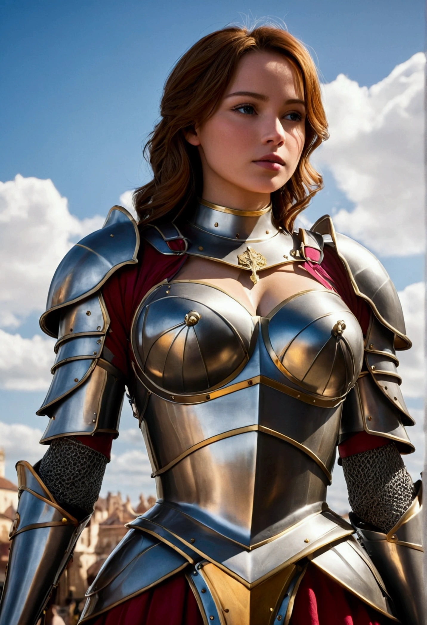 Royal Knights，The entire body is wrapped in luxurious heavy armor that covers everything from the neck down.，Point the knight's sword at the sky，Sports Late，Cleavage close-up，Solemn，Large, protruding breasts，Curved waist、Armor to fit waist、moderate，Humble，Cinematic, High resolution, original, Complex, high quality, Gorgeous shades, Complex details, Ultra-fine，OC Rendering