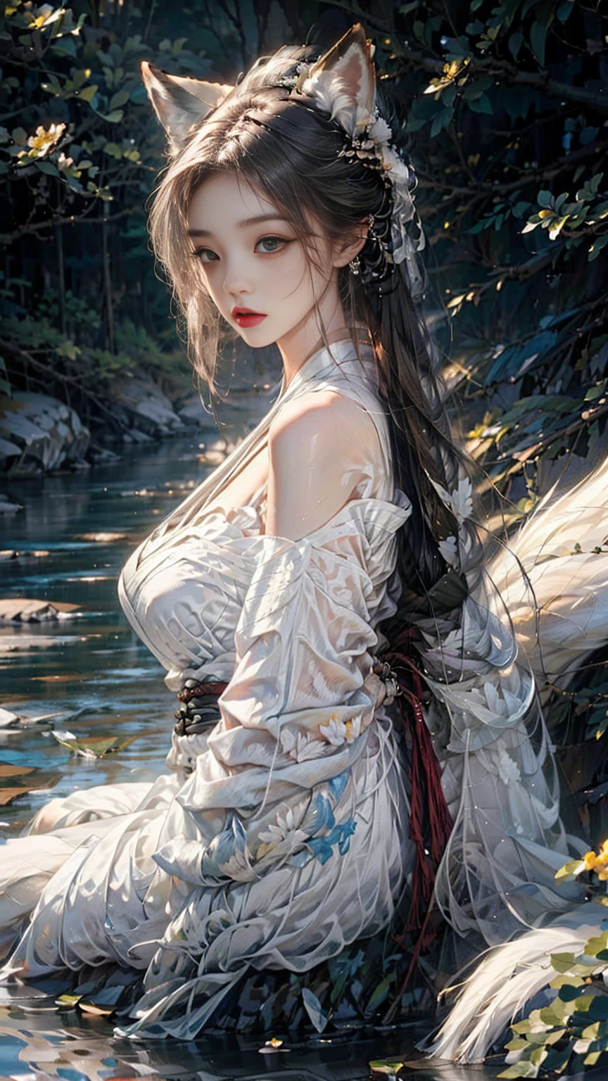 masterpiece, best quality, 8k, uhd, (realistic:1.5), RAW photos, (realistic_ realistic 원시 사진), Very high ultra-high resolution, Gumiho 1 girl wearing a kimono with almost exposed breasts,realistic인 피부, skin is white, (realistic:1.5), White kimono, very long gray hair, fox ears, nine fox tails, face, 완벽한 예쁜 face, 귀여운 face, Yellow eyes, red lips, realistic 완벽한 손, Pretty hands, Round big, plump and pretty ass, smooth and slender legs, perfect body, whole body, ((realistic 배경)), forest, 눈 내리는 forest, Flowing river water, Sitting on a rock, in a sexy position, light, 자연스러운 light, light 추적,  