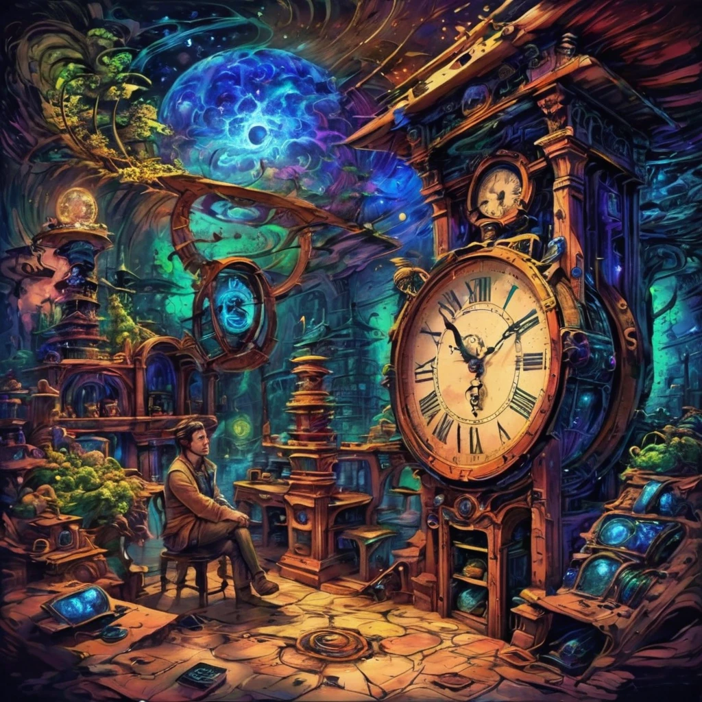 time traveler,Existence beyond time and space、 here, e futuro.、fine arts、frightful、beautiful  face、beautiful posture、lindos cabelos longos fullcolors、Depth of subject、detailed portrayal、tabletop、(flat-colors:1.3)、(fullcolor:1.8)、