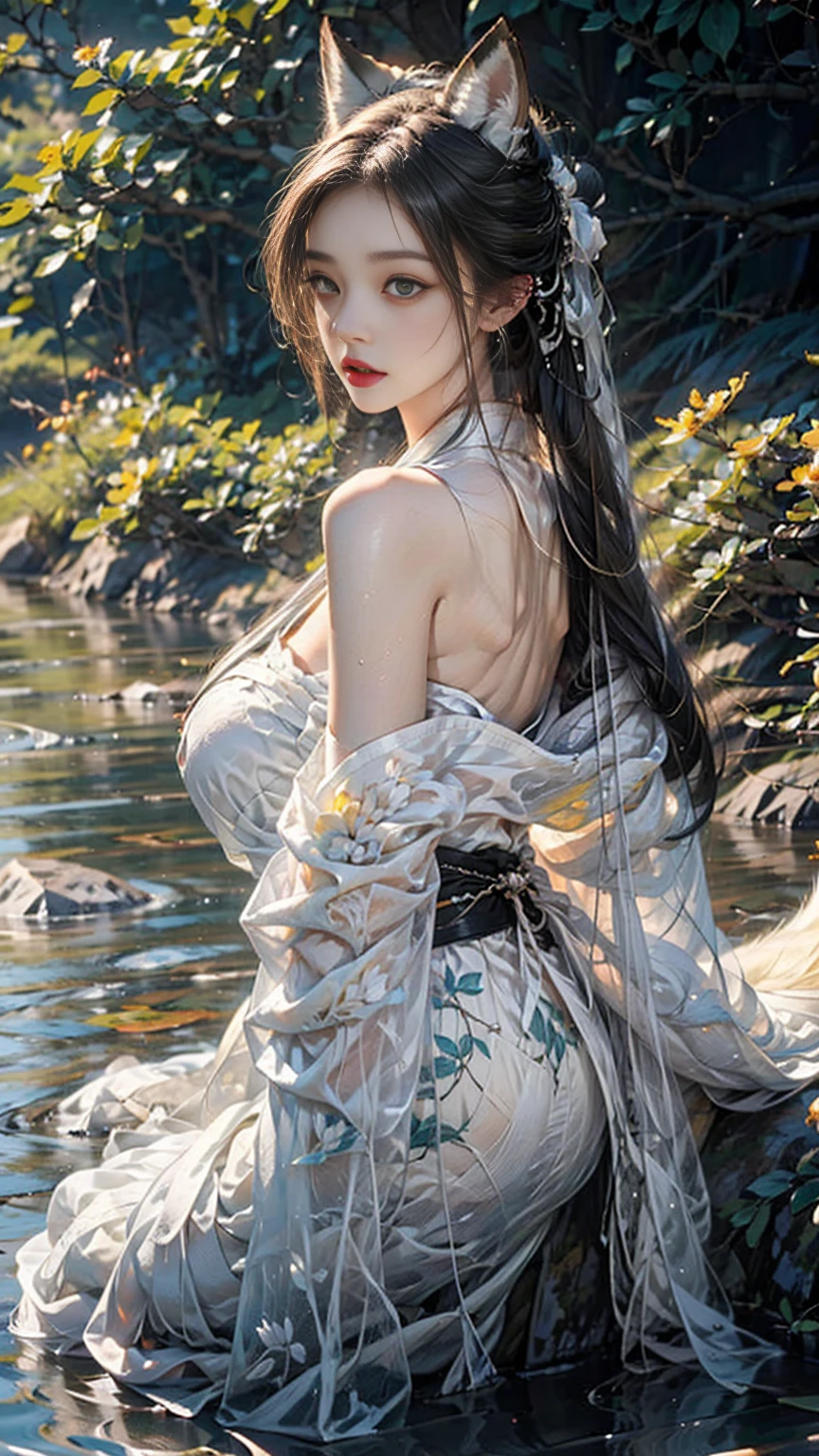 masterpiece, best quality, 8k, uhd, (realistic:1.45), RAW photos, (realistic_ realistic 원시 사진), Very high ultra-high resolution, Gumiho 1 girl wearing a kimono with almost exposed breasts,realistic인 피부, skin is white, (realistic:1.45), White kimono, very long gray hair, fox ears, nine fox tails, face, 완벽한 예쁜 face, 귀여운 face, Yellow eyes, red lips, realistic 완벽한 손, Pretty hands, Round big, plump and pretty ass, smooth and slender legs, perfect body, whole body, ((realistic 배경)), forest, 눈 내리는 forest, Flowing river water, Sitting on a rock, in a sexy position, light, 자연스러운 light, light 추적,  