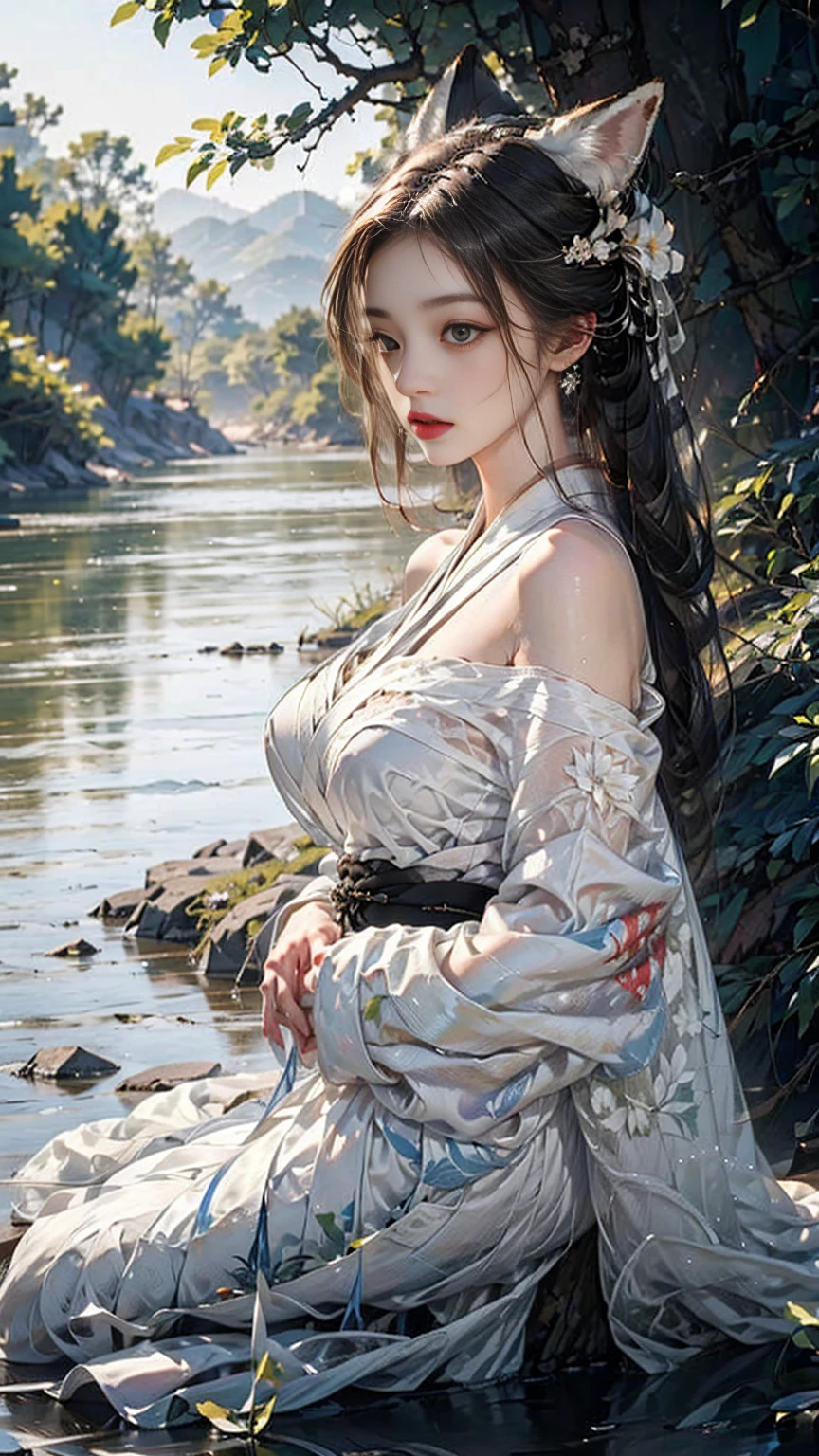 masterpiece, best quality, 8k, uhd, (realistic:1.45), RAW photos, (realistic_ realistic 원시 사진), Very high ultra-high resolution, Gumiho 1 girl wearing a kimono with almost exposed breasts,realistic인 피부, skin is white, (realistic:1.45), White kimono, very long gray hair, fox ears, nine fox tails, face, 완벽한 예쁜 face, 귀여운 face, Yellow eyes, red lips, realistic 완벽한 손, Pretty hands, Round big, plump and pretty ass, smooth and slender legs, perfect body, whole body, ((realistic 배경)), forest, 눈 내리는 forest, Flowing river water, Sitting on a rock, in a sexy position, light, 자연스러운 light, light 추적,  