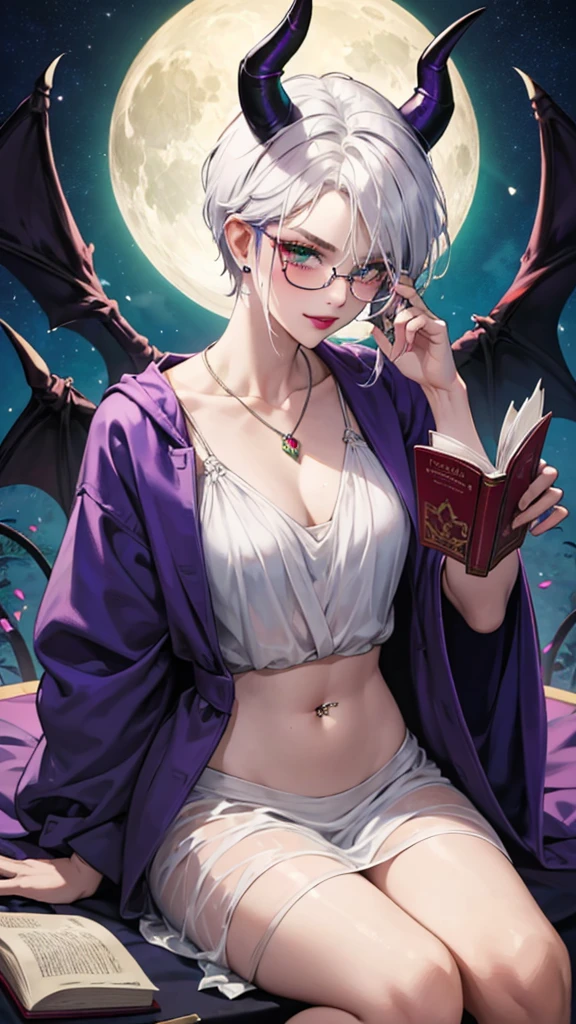 8k, masterpiece, best quality, highly detailed, 1 girl, tiefling, warlock, multicolored hair, very short straight hair green highlight hair on white hair, strippled hair, wearing glasses, round glasses, earrings, navel piercing, night gown, red eyeshadow, long eyelashes, blushed cheek, red lips, necklace, rings, collarbone, mole, glamorous, teal clothing, purple clothes, smirk, close up view, rings, looking at viewer, demon horns, solo, nightmarish landscape, blue pale moon, sitting, holding devil books