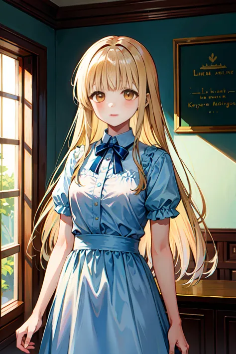 ((masterpiece, best quality:1.3)), 1girl, solo, long hair, blonde hair, Bangs, yellow eyes, white dress, standing, upper body, i...