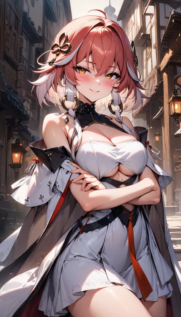 (masterpiece),(best quality),(ultra-detailed),(best illustration),(best shadow),(absurdres),(detailed background),(very aesthetic), changli(wuwa), 1girl, breasts, solo, dress, cleavage, orange eyes, looking at viewer, bare shoulders, white dress, medium breasts, blush, red hair, streaked hair, white hair, seductive smile, from the front, cowboy shot, crossed arms, medieval city background, night, 