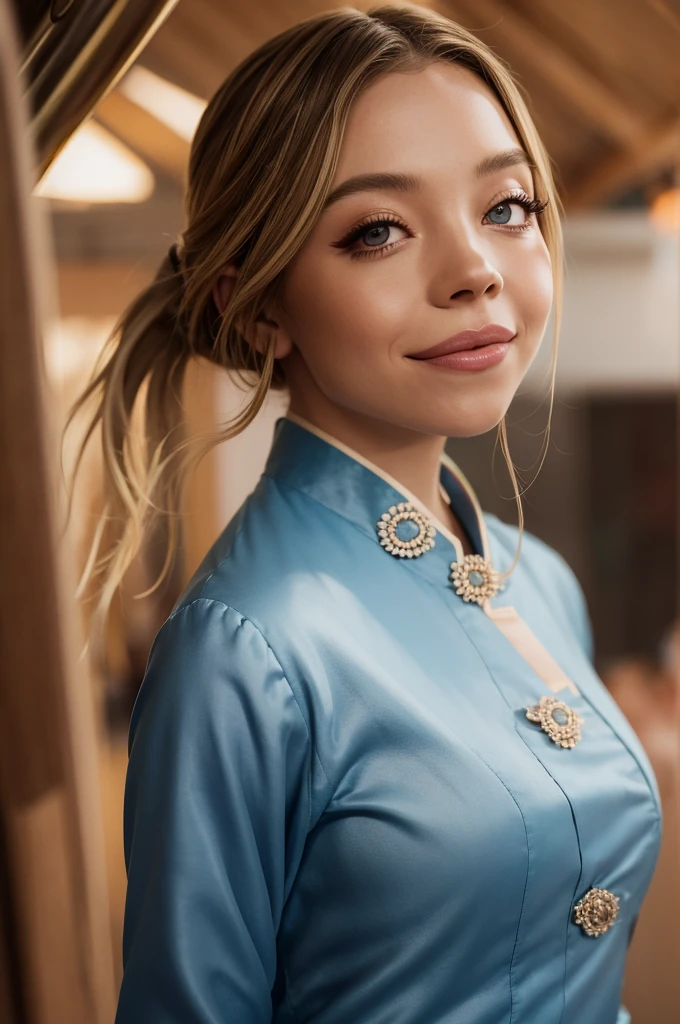 photograph of Sydney, in silk aodai ,seductive , photorealistic, sydney sweeney, smiling