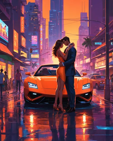 a sultry sunset in vice city's neon-lit streets, with the boy and girl leaning on the hood of a sleek sports car. the warm orang...