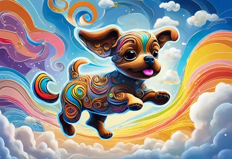 swirly art puppy character, fly through beautifully detailed skies、detailed outline, cute, art brut style, dynamic pose, whimsic...