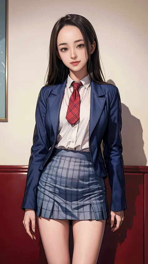 ((masterpiece)),(((best quality))),thin thighs,long legs,girl standing in school,red tie uniform,dark blue blazer,blue plaid ski...