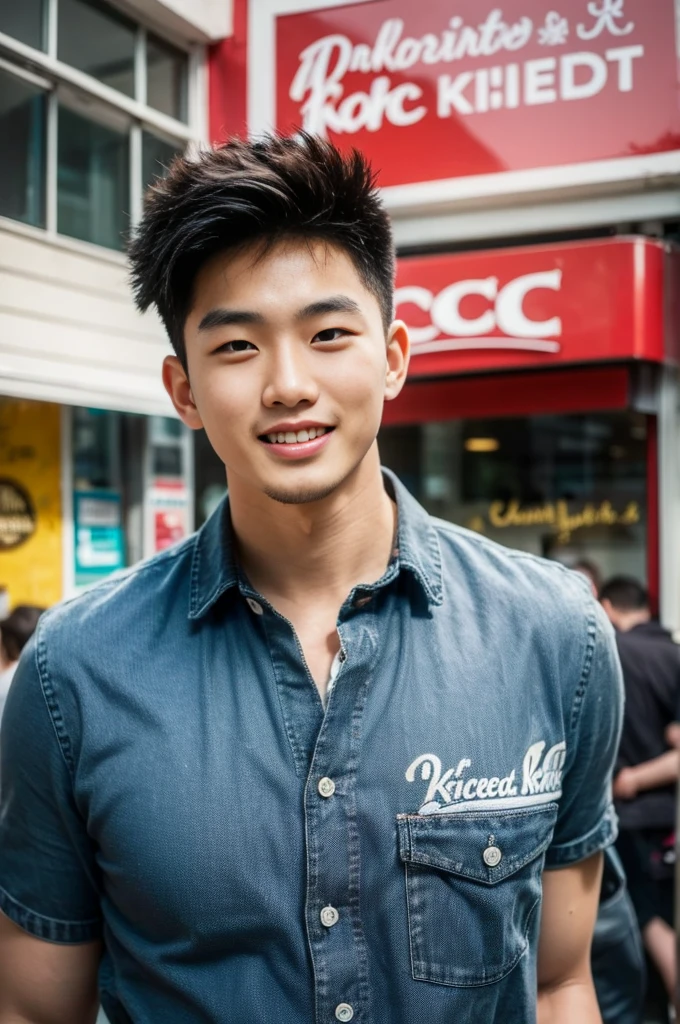 ((realistic daylight)) , Young Korean man in only a black sports shirt, no stripes, and jeans., A handsome, muscular young Asian man looks at the camera.  , In the KFC store ,turn sideways, smile