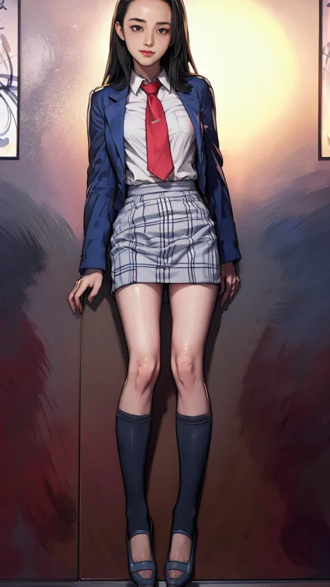 ((masterpiece)),(((best quality))),thin thighs,long legs,girl standing in school,red tie uniform,dark blue blazer,blue plaid ski...