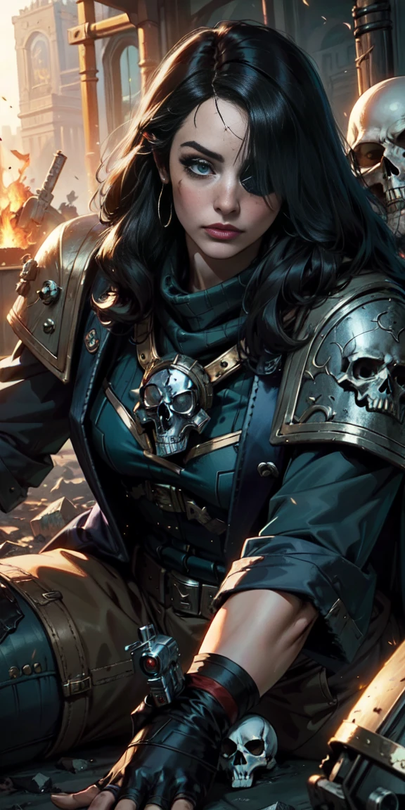 (masterpiece:1.2), (Best Quality:1.2), Perfect eyes, perfect face, perfect lighting, 1 girl, Sororitas mature whore with bolt pistol in hands, scar over one eye, eye patch, by white, skulls on the ground, Warhammer 40K, chaos, fire, Science fiction, Detailed battlefield background