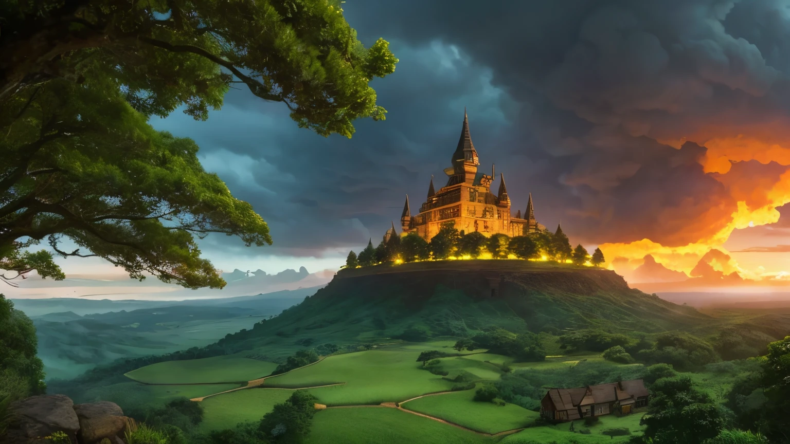 Fire Lava, A scene reminiscent of a Studio Ghibli film, featuring a floating castle in the sky similar to Laputa from "Castle in the Sky." The landscape is magical and ethereal, with lush greenery, majestic clouds, and a sense of wonder and adventure.
