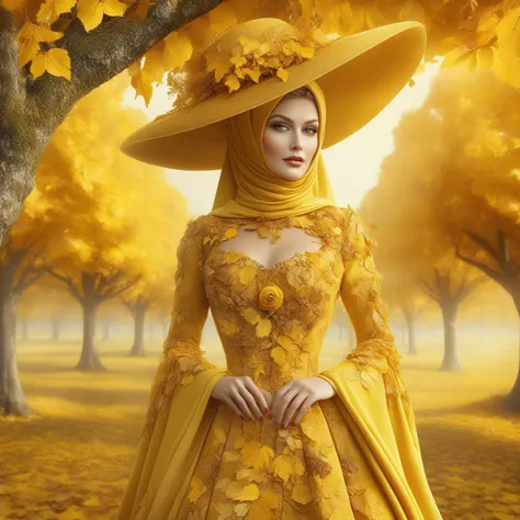 arafed woman in a yellow dress and hat standing in a field of yellow leaves, autumnal empress, beautiful yellow woman, goddess o...