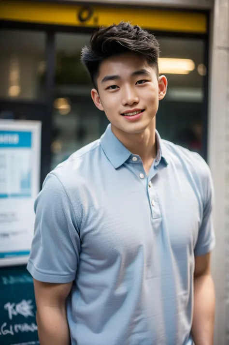 ((realistic daylight)) , young korean man in only a polo shirt, no stripes, and jeans., a handsome, muscular young asian man loo...