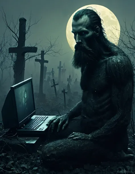 one beard man working on a computer, PC, internet, laptop, graveyard, nightmare, disturbing, creepy, gloomy, rotten, by zdzislaw beksinski