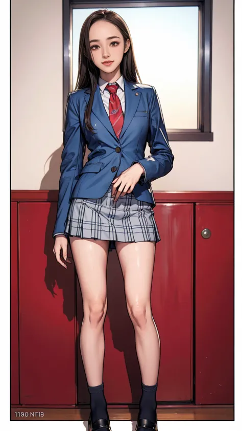 ((masterpiece)),(((best quality))),thin thighs,long legs,girl standing in school,red tie uniform,dark blue blazer,blue plaid ski...