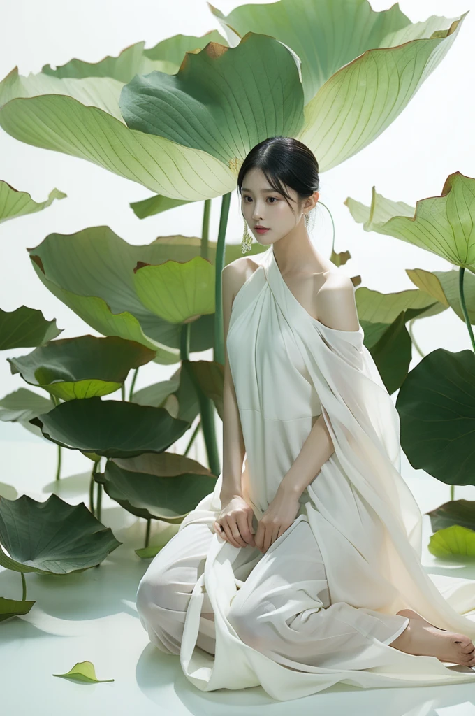 Light pink and light white shades,full body woman love,  white background, natural light, lighting effects, minimalist, elegant, pure softness, soft lighting, In reality. The woman (clavicle, bshoulder,) Posted in (Pray and stand up) super giant lotus，꽃leaf이 크고 길다. (꽃leaf이 얇아요, Soft gauze, 흐르는 꽃leaf의 전체 배경, 떠다니는 꽃leaf, 슈퍼 비행 꽃leaf, 연기와 꽃leaf의 혼합 효과), lotus dress,((aspect)).lotus_leaf_fairy