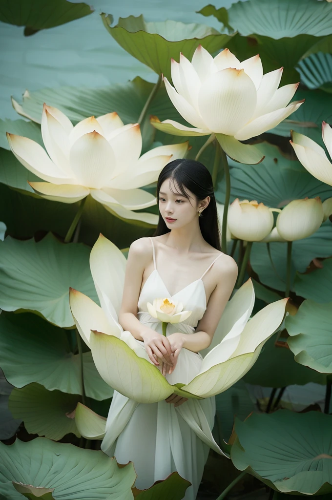 Light pink and light white shades,full body woman love,  white background, natural light, lighting effects, minimalist, elegant, pure softness, soft lighting, In reality. The woman (clavicle, bshoulder,) Posted in (Pray and stand up) super giant lotus，꽃leaf이 크고 길다. (꽃leaf이 얇아요, Soft gauze, 흐르는 꽃leaf의 전체 배경, 떠다니는 꽃leaf, 슈퍼 비행 꽃leaf, 연기와 꽃leaf의 혼합 효과), lotus dress,((aspect)).lotus_leaf_fairy