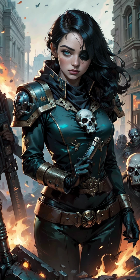 (masterpiece:1.2), (Best Quality:1.2), Perfect eyes, perfect face, perfect lighting, 1 girl, Sororitas mature whore with bolt pistol in hands, scar over one eye, eye patch, by white, skulls on the ground, Warhammer 40K, chaos, fire, Science fiction, Detailed battlefield background