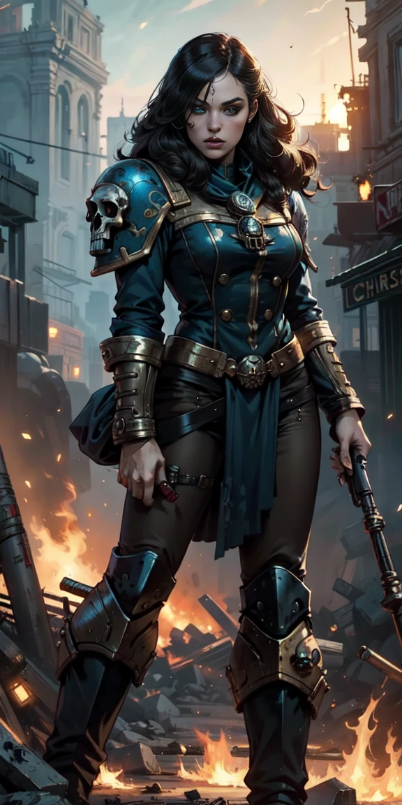 (masterpiece:1.2), (Best Quality:1.2), Perfect eyes, perfect face, perfect lighting, 1 girl, Sororitas mature whore with bolt pistol in hands, scar over one eye, eye patch, by white, skulls on the ground, Warhammer 40K, chaos, fire, Science fiction, Detailed battlefield background